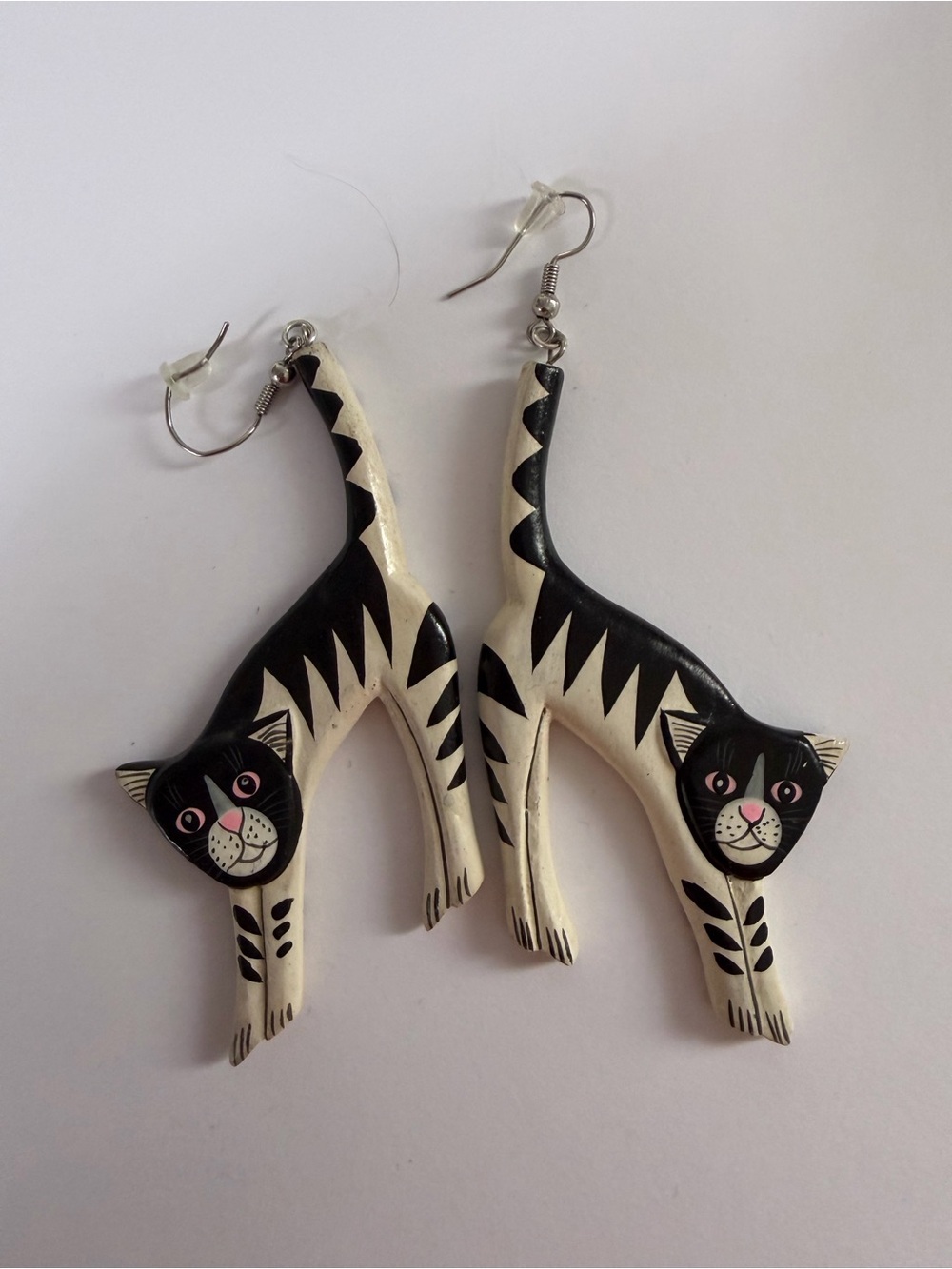 Black & White Cat Dangle Earrings - Cute Handpainted Cat Design